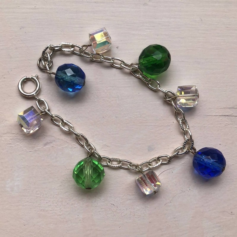 Silver Tone Chain Link Bracelet with Blue Green Clear Iridescent Bead Charms